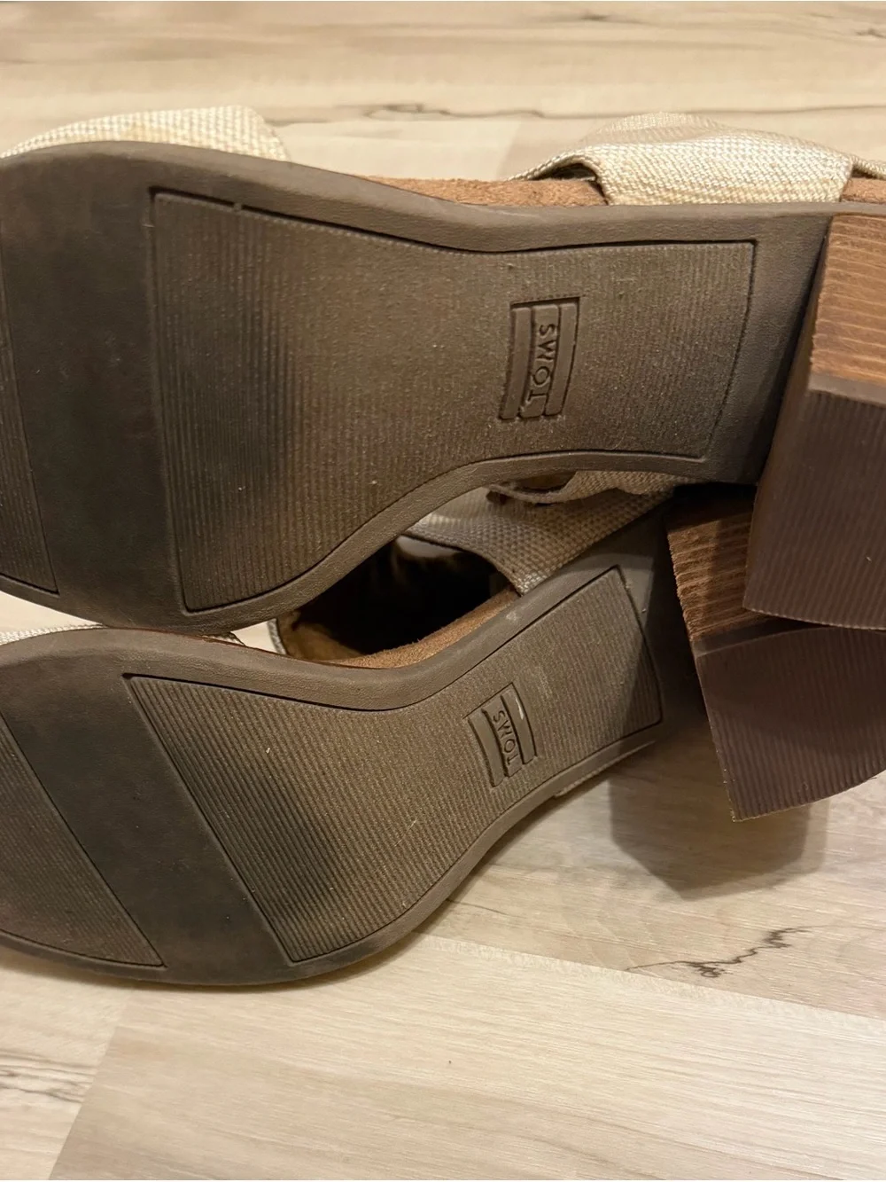 TOMS Beige Canvas Wedge Sandals with Ankle Strap